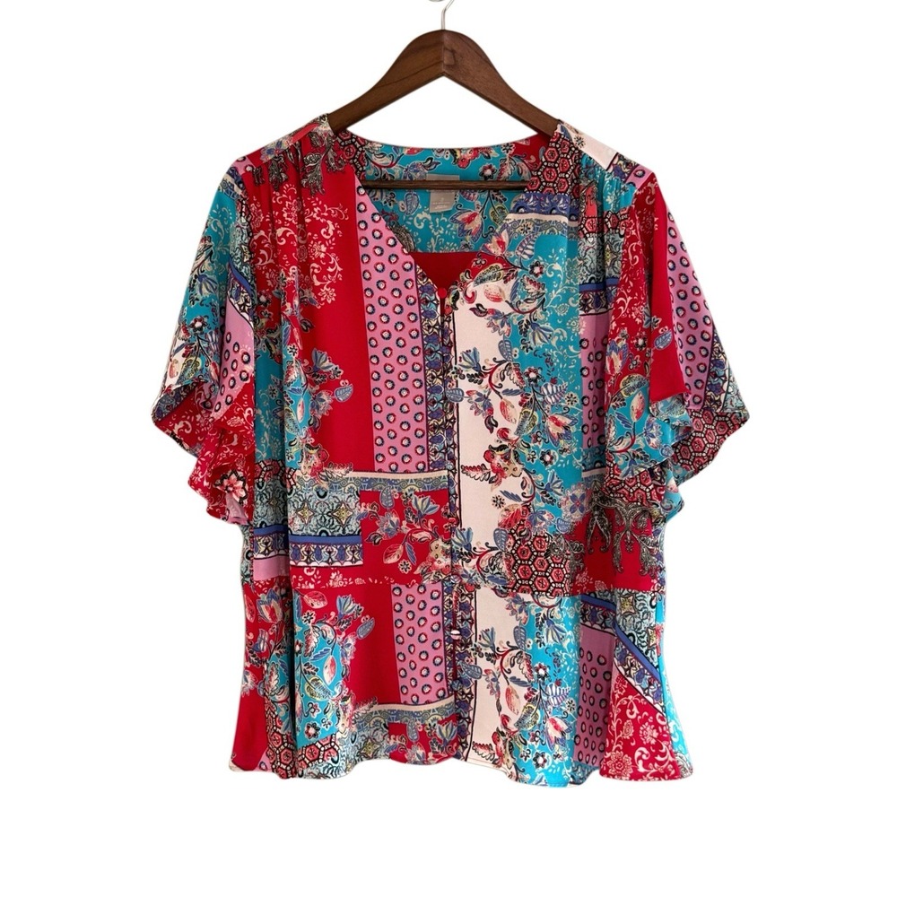 Chicos Patchwork Blouse Top V Neck Boho Floral Flutter Sleeve Artsy Sz 2/L/12-14